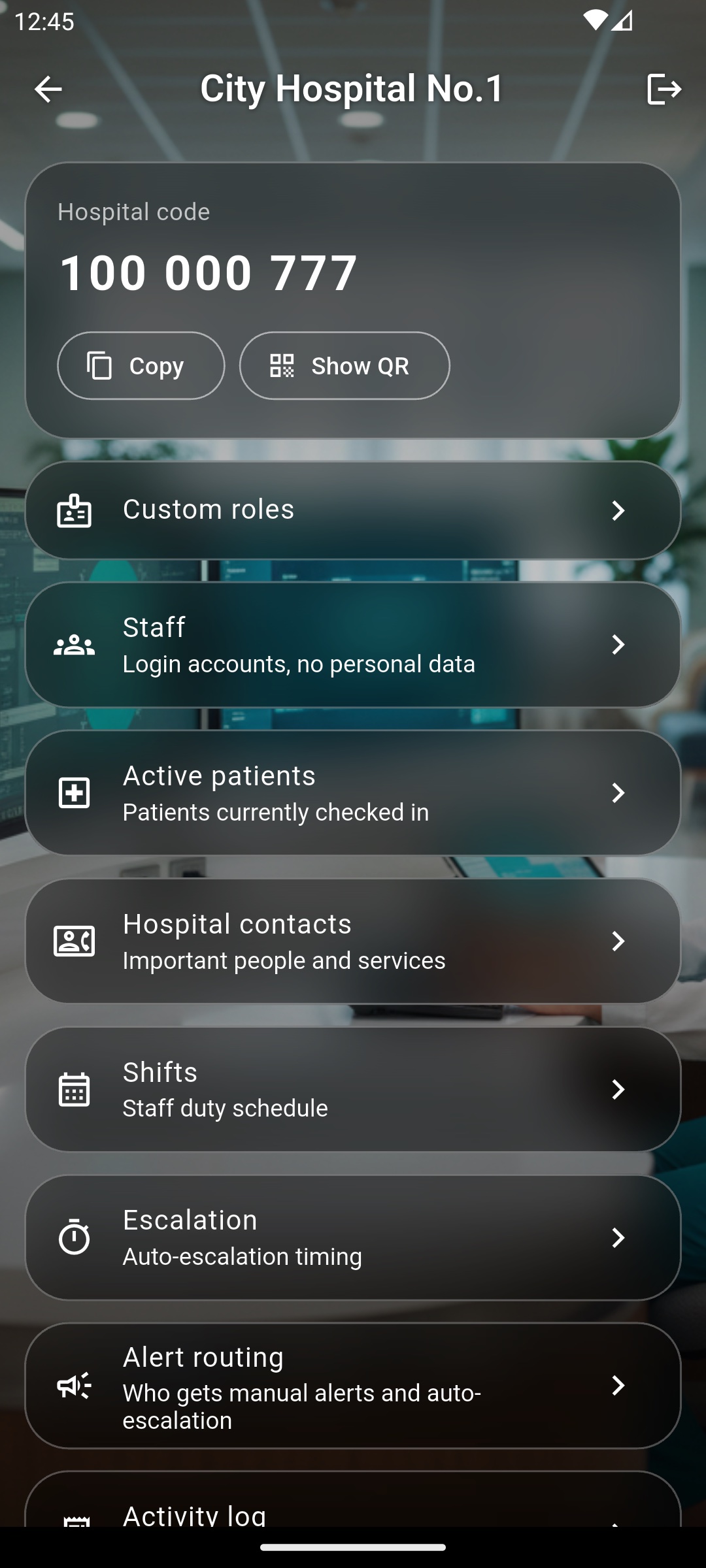 Admin dashboard — hospital code and menu