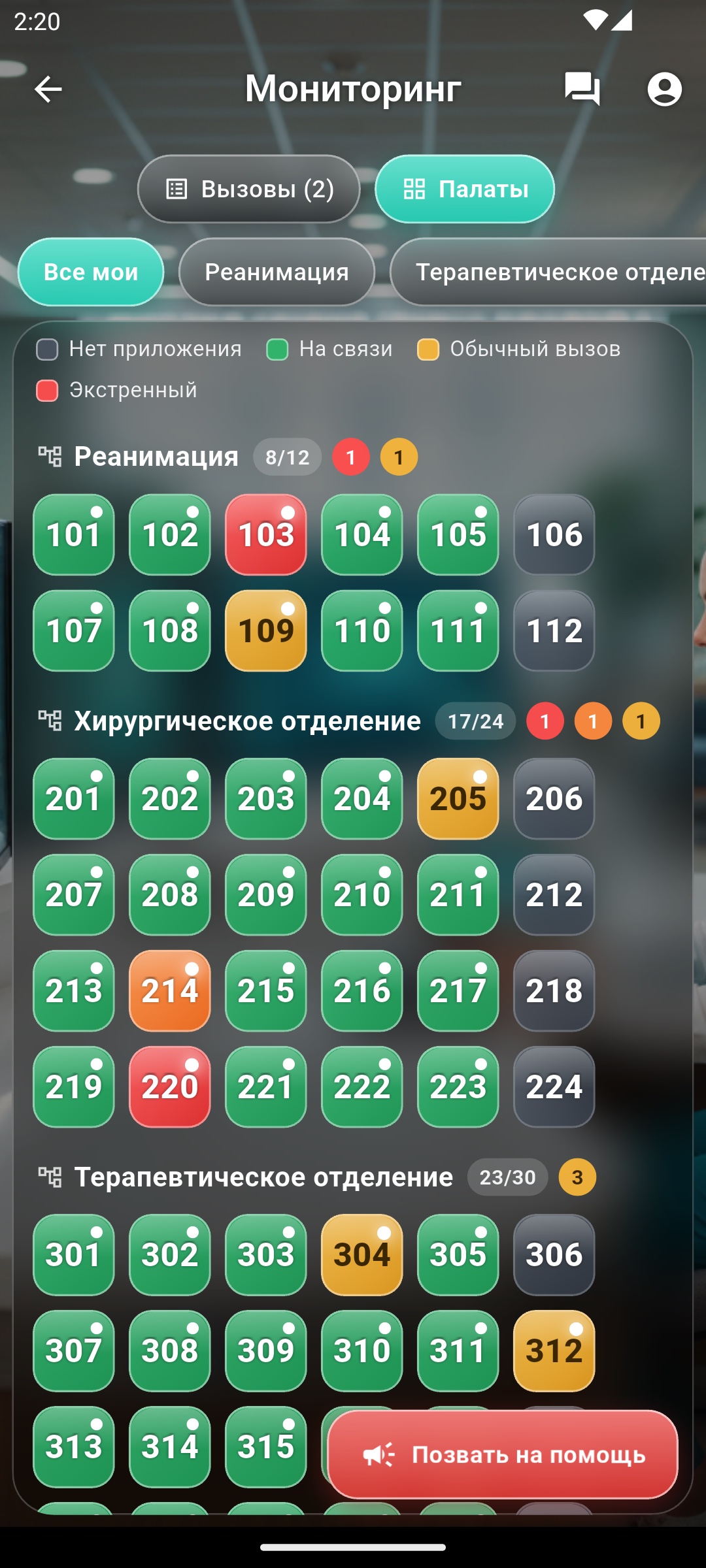 Пост медсестры — сетка палат цветом статуса