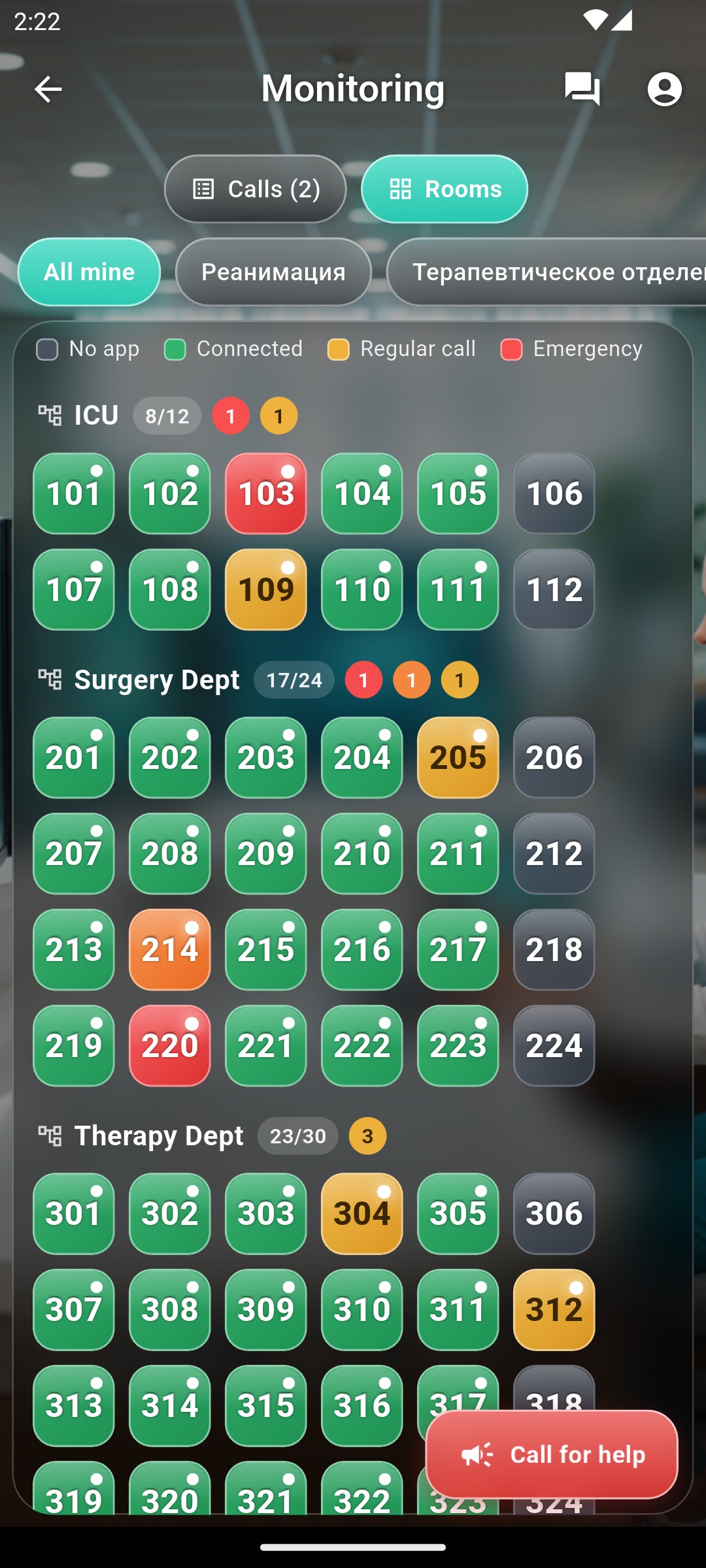 Nurse station — rooms colour-coded by status