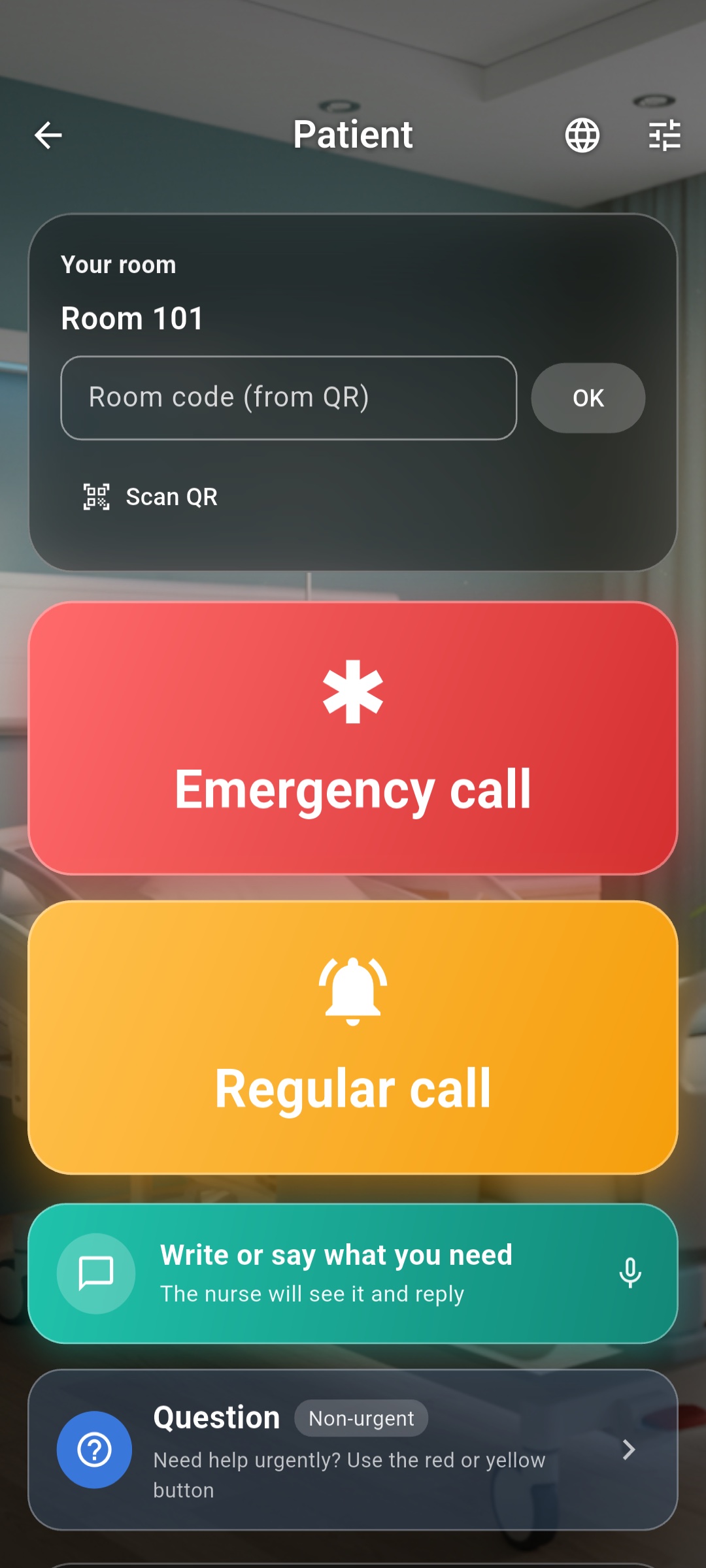 Patient screen — room and call buttons