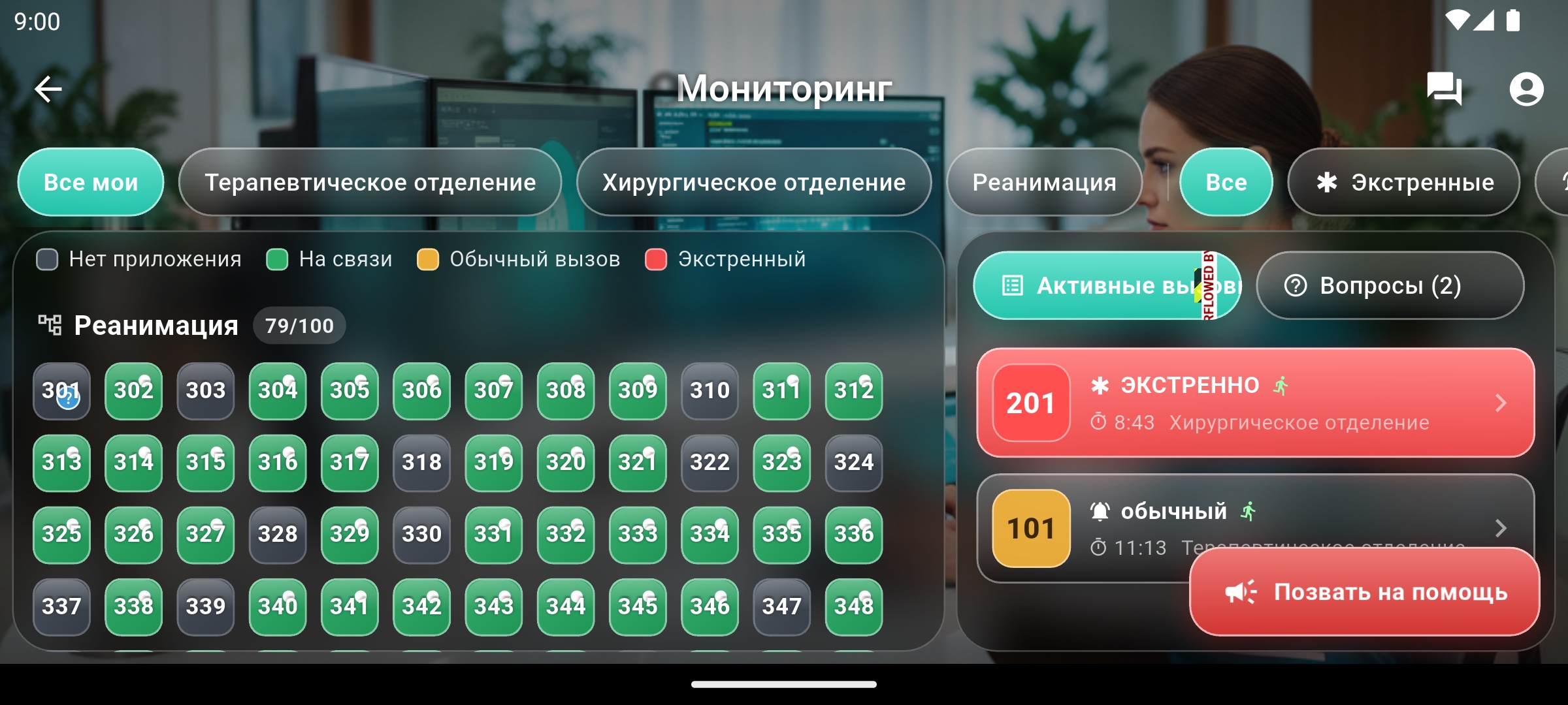 Пост на компьютере — широкий экран: сетка палат и лента вызовов