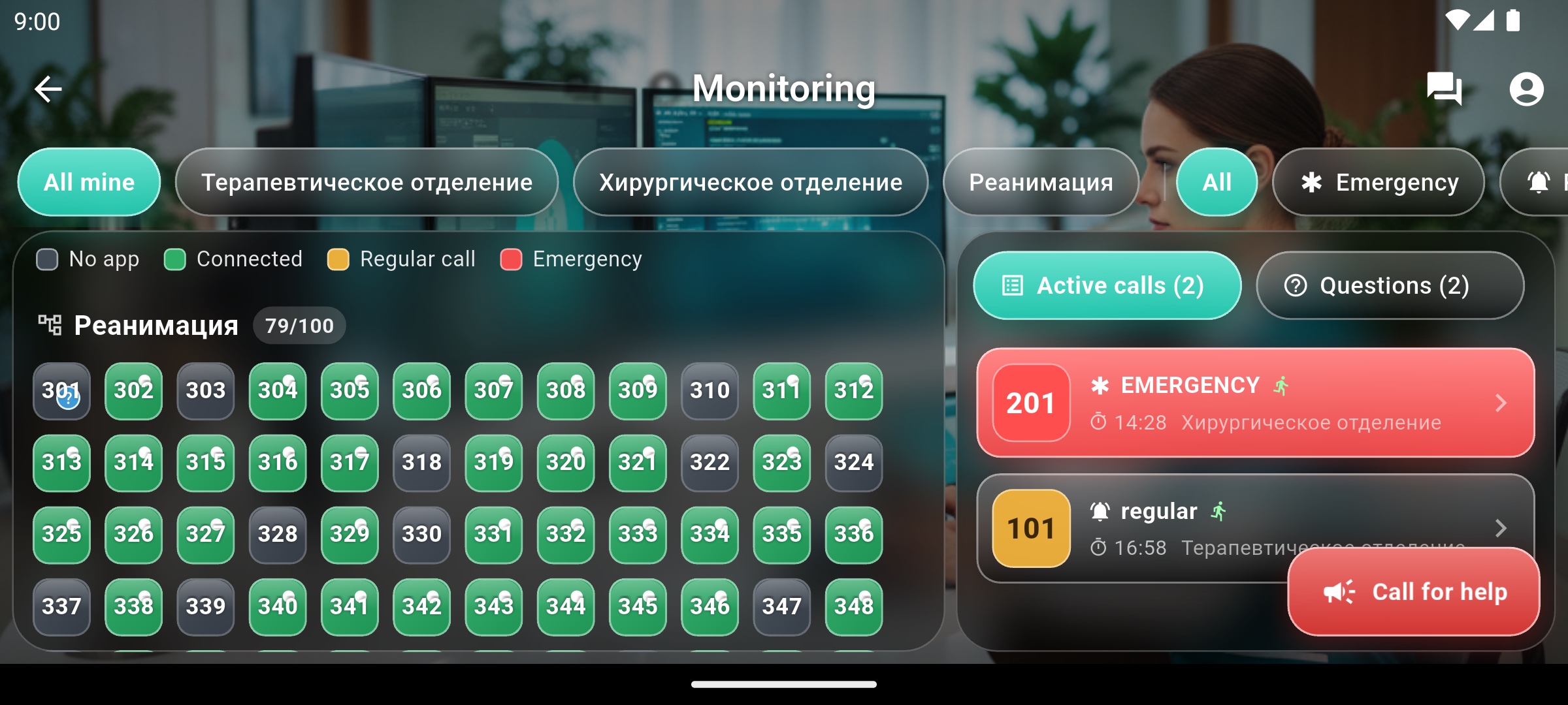 Station on a computer — wide screen: room grid and live call list