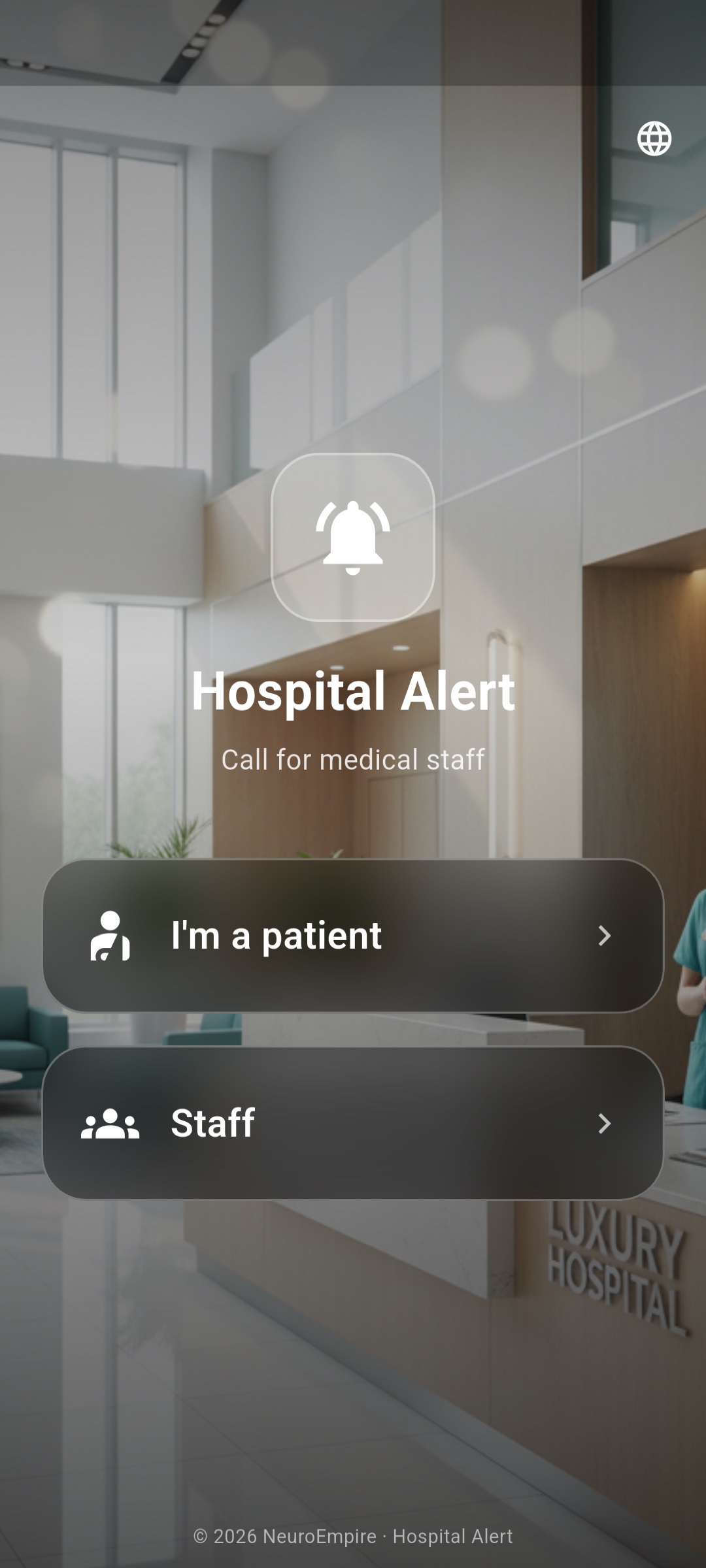 First screen — choose “I'm a patient” or “Staff”